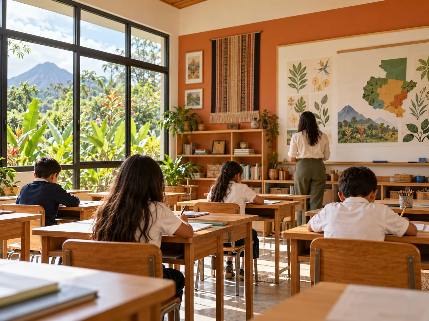 Aula iluminada con estudiantes y mobiliario de madera