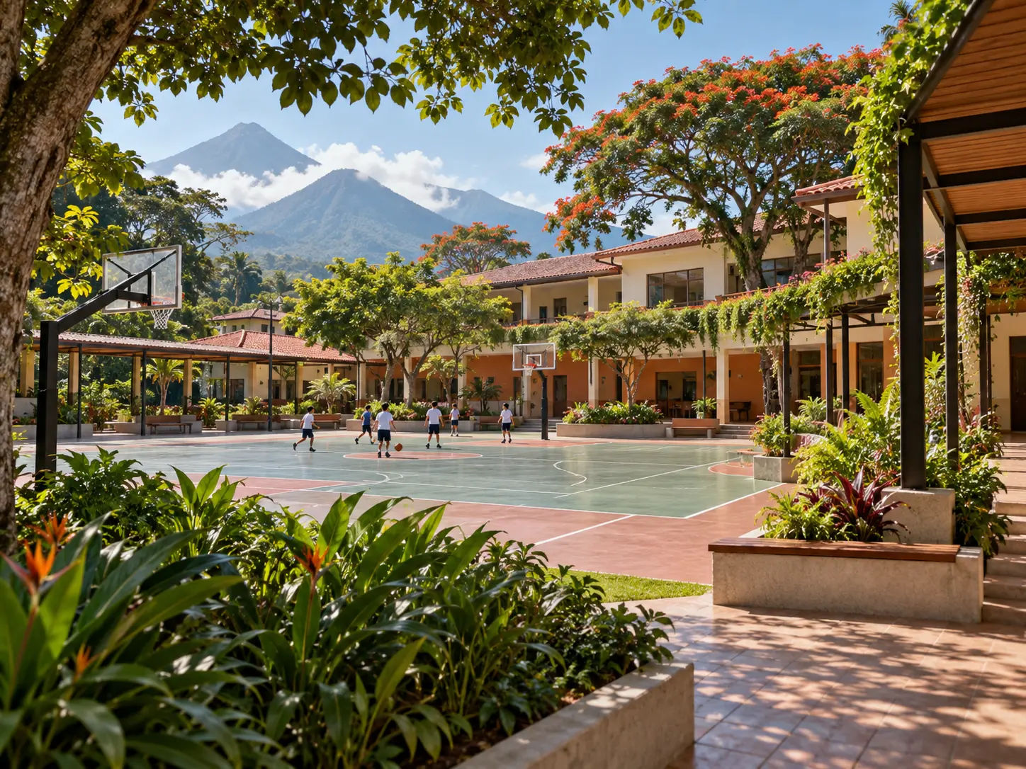 Cancha deportiva al aire libre rodeada de jardines escolares