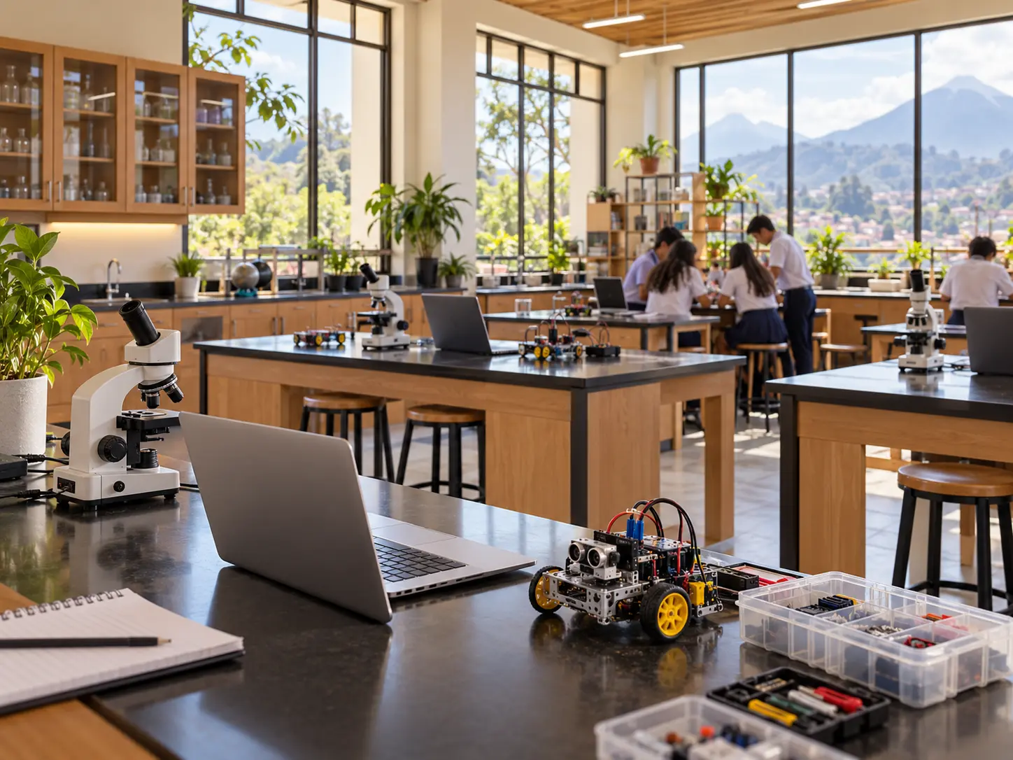 Laboratorio escolar equipado con microscopios y equipos de tecnología